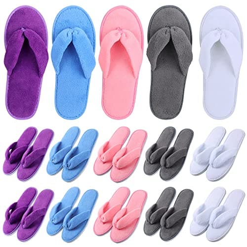 Unittype 10 Pairs Spa Slippers Flip Flops Thong Sandal Slippers Soft Coral Fleece for House Guest Hotel(Blue, White, Gray, Purple, Pink)