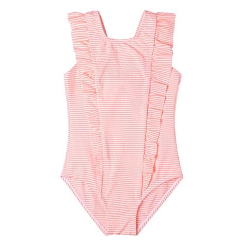 LIZENS Girls Swimsuit Kids Scalloped One Piece Ruffle Swimsuit Girls Swimwear Print (7-8T, Pink)