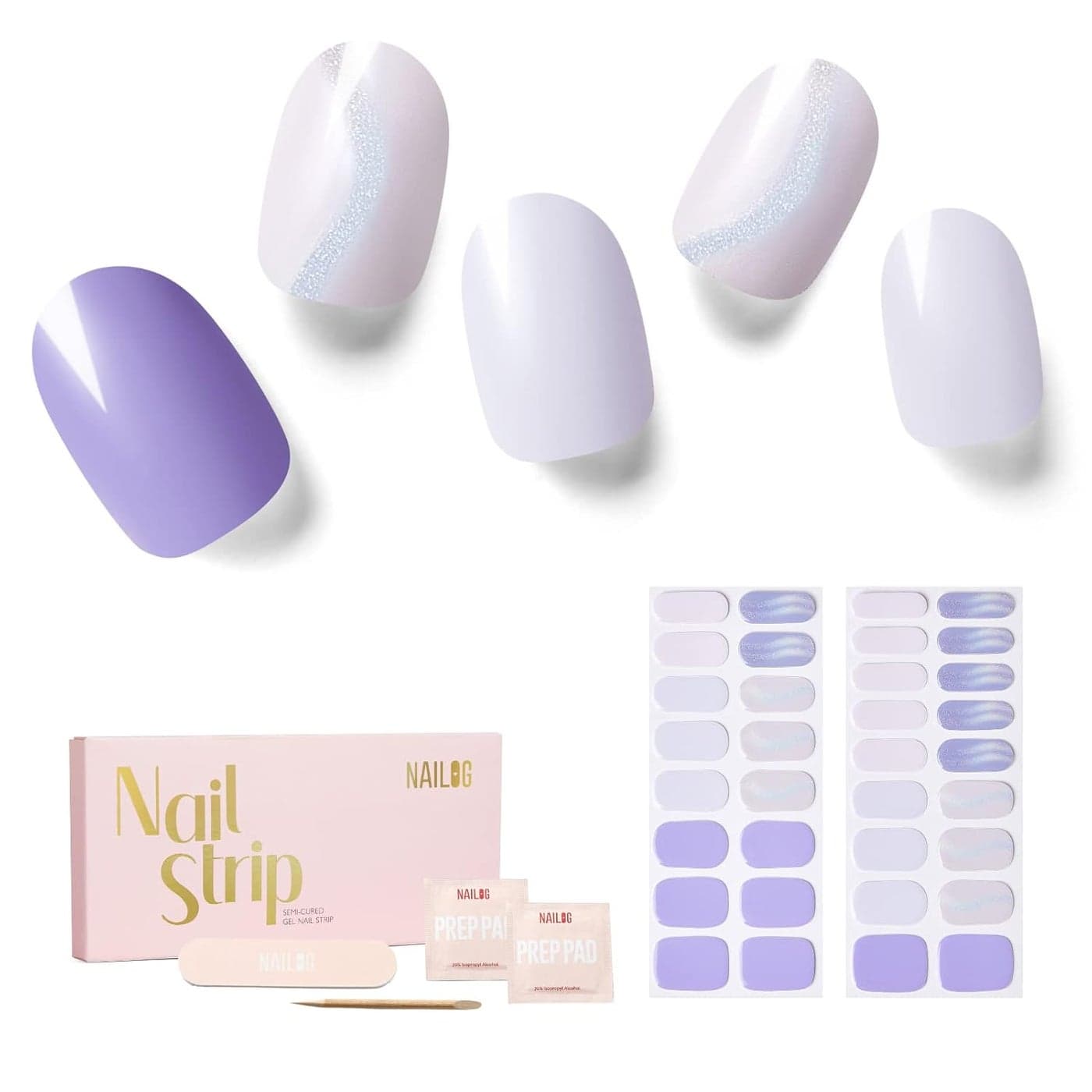 NAILOG Semi Cured Gel Nail Strips 34 pcs, Buy 2 Get 1 UV Lamp, Salon-Quality Gel Nail Stickers, Semicured Nail Wraps with Soft Gel Finish | Lavender Mist