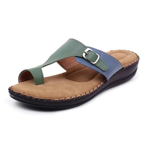 TRASE Extra Soft Slippers for Women | Orthopedic Diabetic Footwear with Cushioned Insole | Lightweight & Comfortable Ladies Chappals with Toe Ring and Adjustable Buckle (BLUE-GREEN, 3 UK)
