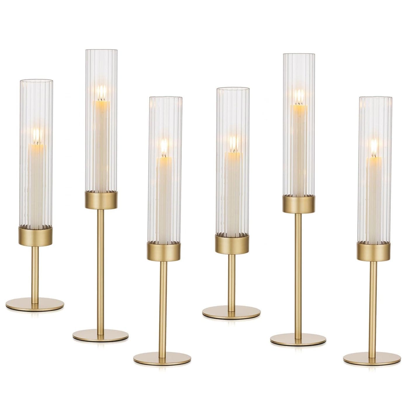 Hewory Gold Hurricane Candle Holders Brass Candlestick Holders Set of 6 Tall Taper Candle Holders for Candlesticks Candle Sticks Holder Decor for Table Centerpiece Wedding Party Christmas Decorations