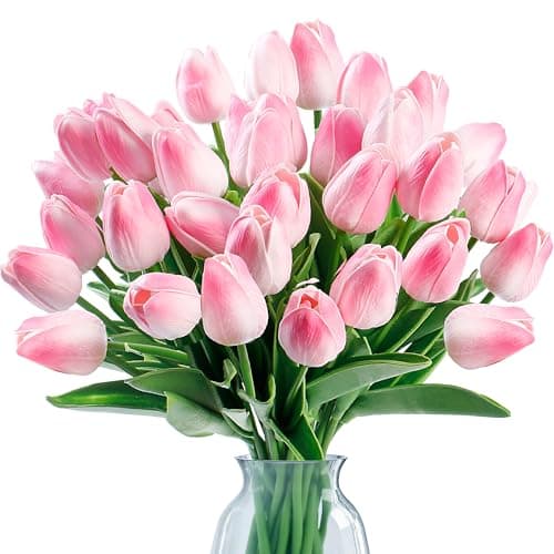 Sggvecsy 15 Pcs Fake Tulips Artificial Flowers Real Touch PU Faux Flowers Tulip Stems for Wedding Spring Bouquet Floral Arrangement Home Party Office Decorations for Mothers Day Light Pink