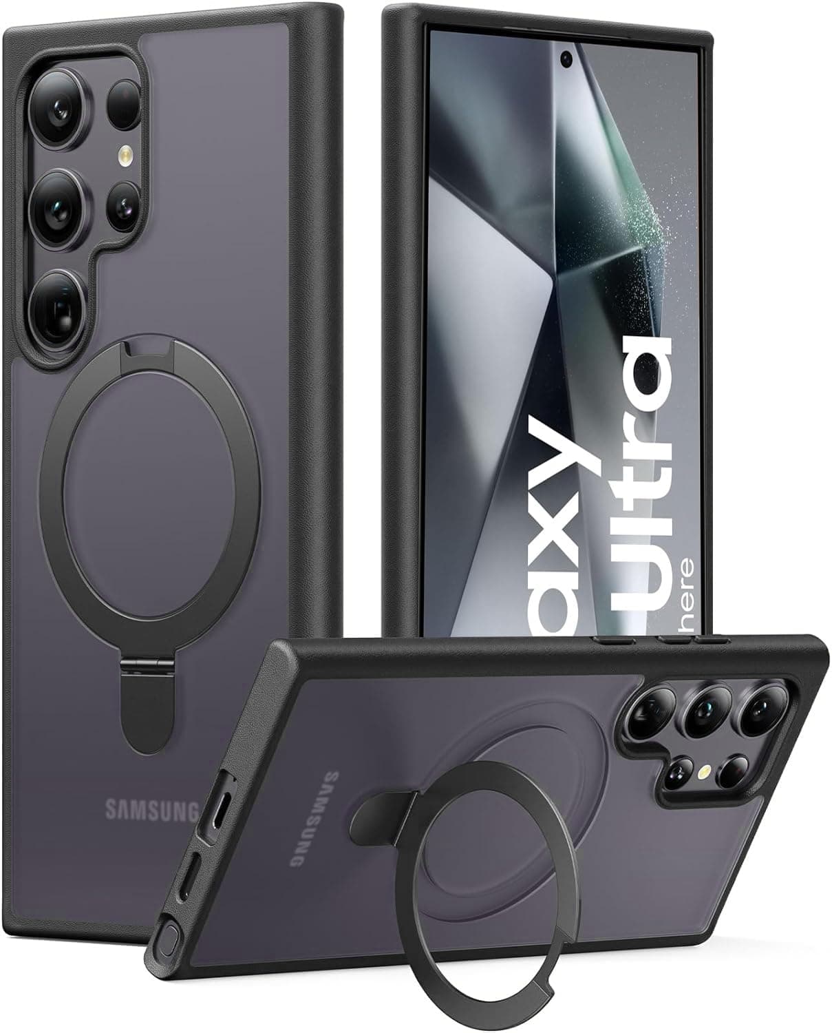 AIBEX Back Cover for Samsung S25 Ultra with OStand Ring Kickstand | Mag-Saf Compatible Magnetic Metal Alloy Ring | Wireless Charging| Slim Thin Shockproof Protective Case- Black