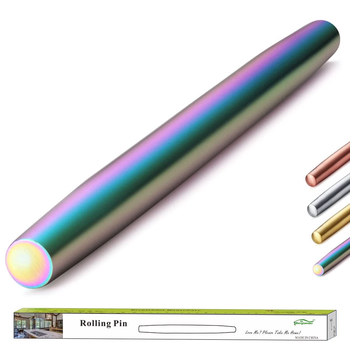 Berglander Rainbow Rolling Pin, 16.7 Inches Stainless Steel Colorful Matte Finish With Rainbow Titanium Plating Rolling Pin For Baking Pizza Dough, Pie, Cookie, Gift Ideas For Bakers.