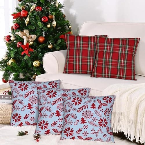 Tiny Break Cotton Christmas Print & Check Sofa Cushion Cover - Decorative Throw Pillow Case - Set of 5-18 x 18 Inch - Multi