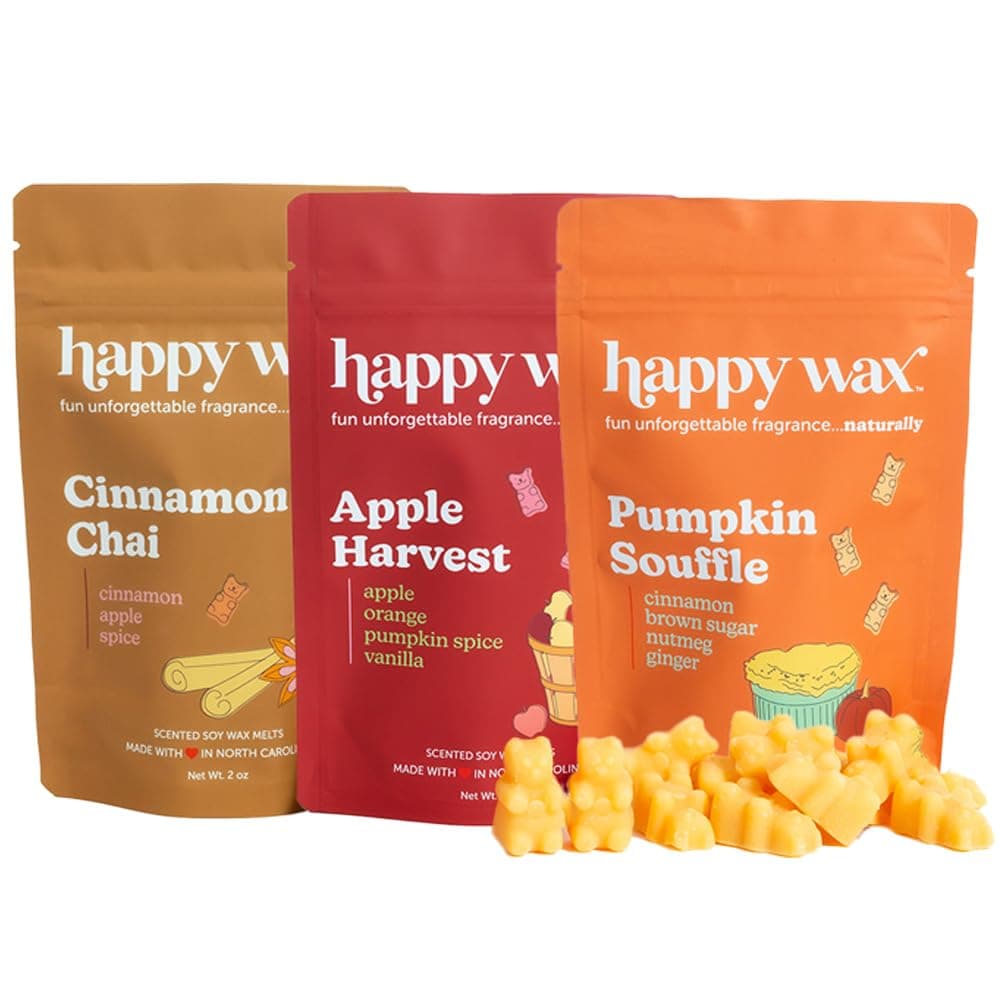 Happy Wax Savory Mix Premium Scented Natural Non Toxic Soy Wax Melts 6 Total Oz of Scented Wax Melts Includes Cinnamon Chai Apple Harvest and Pumpkin Souffl