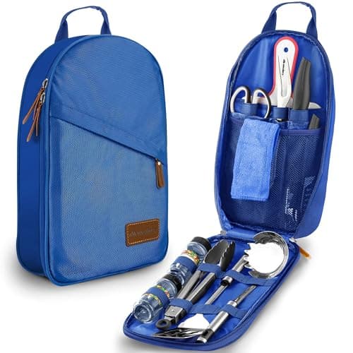 12 Piece Camp Kitchen Cooking Utensil Set Travel Organizer Grill Accessories Portable Compact Gear for Backpacking BBQ Camping Hiking Travel Cookware Kit Water Resistant Case Blue