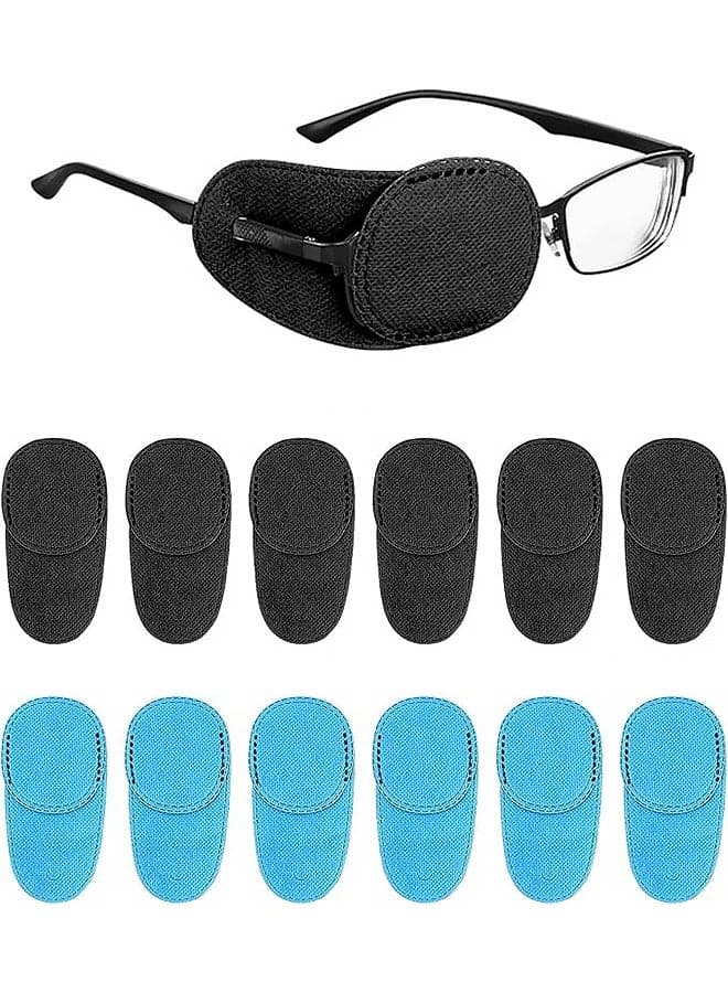 12 PCS Eye Patches for Glasses, Reusable Non-Woven Fabric Eye Patch Glasses Cover Right Left Eye Patches for Adults Kids Lazy Eye Amblyopia Strabismus Improve Right Left(black,blue)