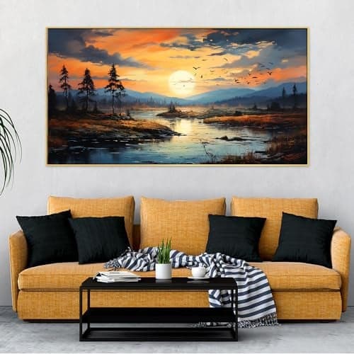 DEKORSTATION Beautiful Nature Sunset Over a River with Trees and Mountains Floating Frame Canvas Wall Painting for Living Room |Bedroom | Office | Drawing room |Hotels Decoration (12 Inch x 18 Inch)