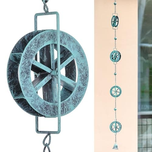 AINISIS 5.7 FT Water Wheel Rain Chains for Outside Blue Rain Chain for Gutters Garden Decorative Rain Catche Chain Downspout