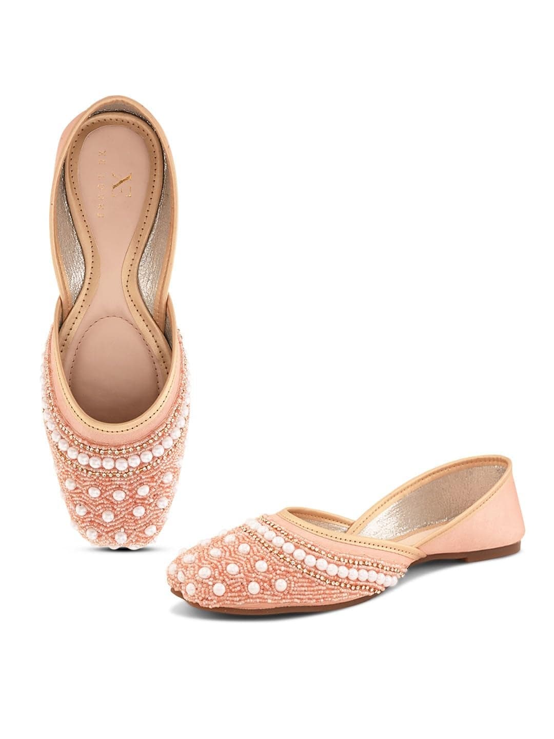 XE Looks Handcrafted Embellished Peach Jutti | Traditional Ethnic Punjabi Juttis with Pearl & Beaded Detailing | Elegant Slip-On Footwear for Girl & Women