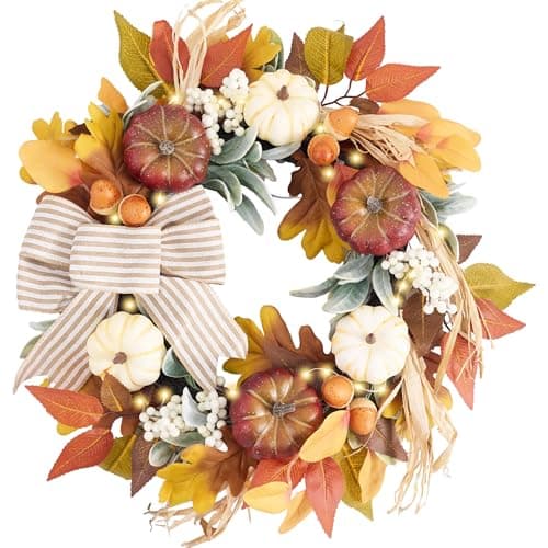 Valery Madelyn Fall Wreaths for Front Door Outside 20 Farmhouse Autumn Door Wreath with Lights Brown Pumpkins Bow Outdoor Fall Decorations for Home Porch Thanksgiving Harvest Table Centerpiece
