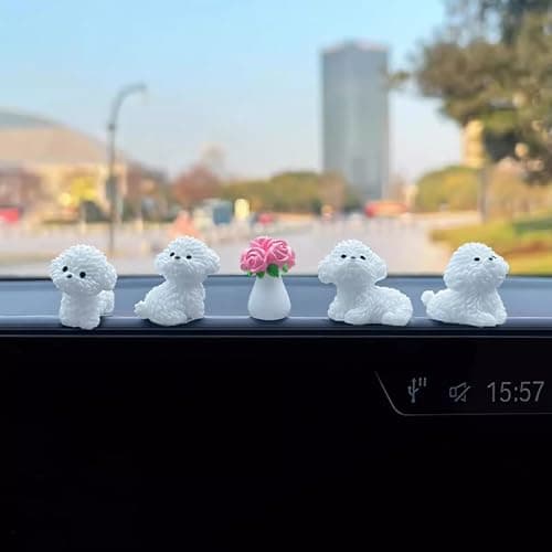 5 Pcs Cute Mini Bichon Frise and Rose Vase Car Interior Decoration Accessories for Car Rearview Mirror Dashboard Kawaii Decor for Home Garden Office Funny Ornament Gifts