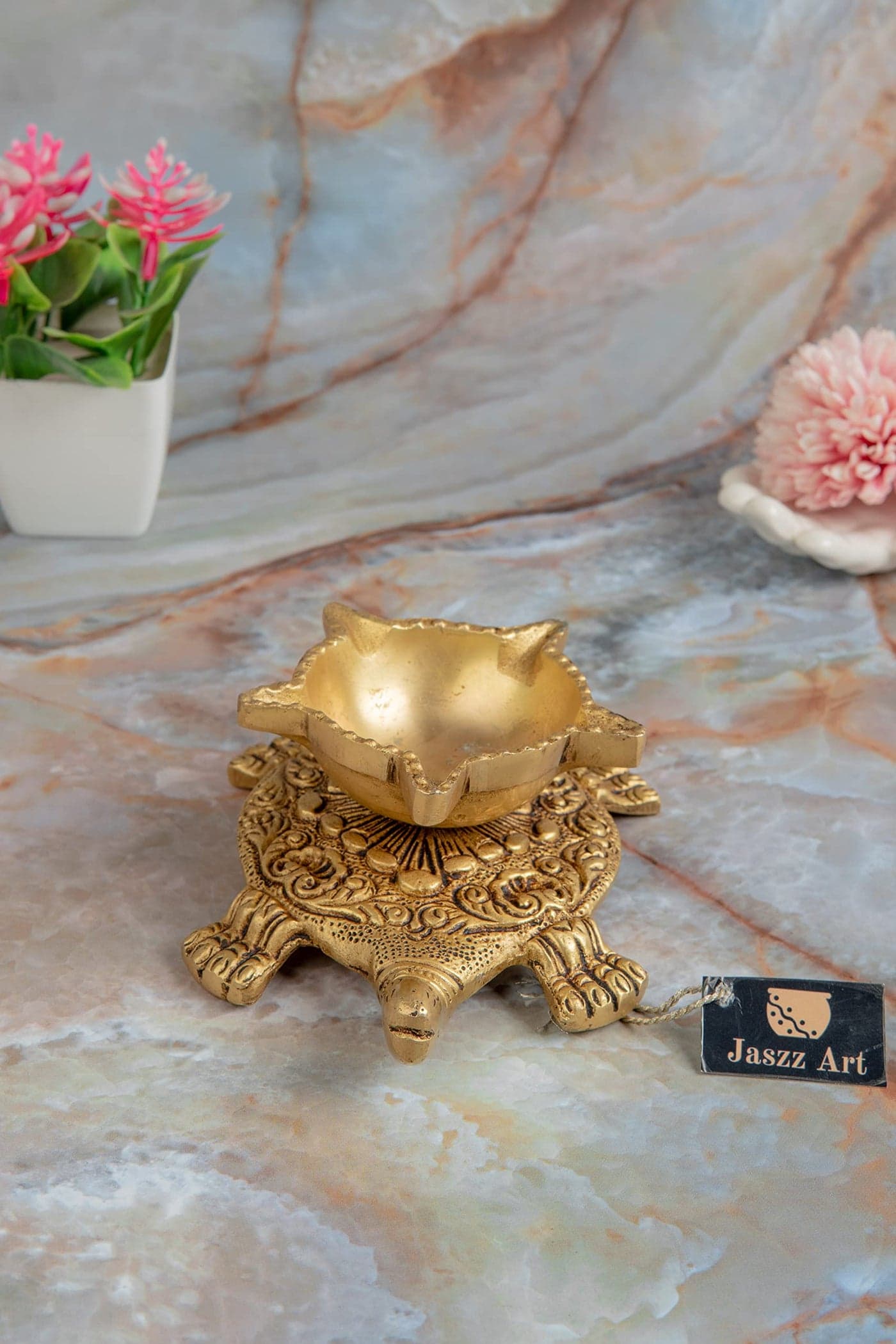 Jaszz Art Brass Turtle Leaf Diya (14 * 12 * 5 inches and 520gm) Ethnic Design Handmade Curved Oil Wick Antique Kuber Deepak for Home Decor Temple Puja Counter Decoration Festival Gift
