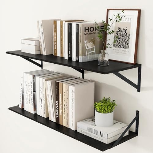 Heimlove Black Deep Floating Shelves for Wall 36W x 12D Wood Wall Shelves Set of 2 Wide Floating Bookshelf for Living Room Kitchen Office Bedroom and Decor Storage with Metal Bracket Black