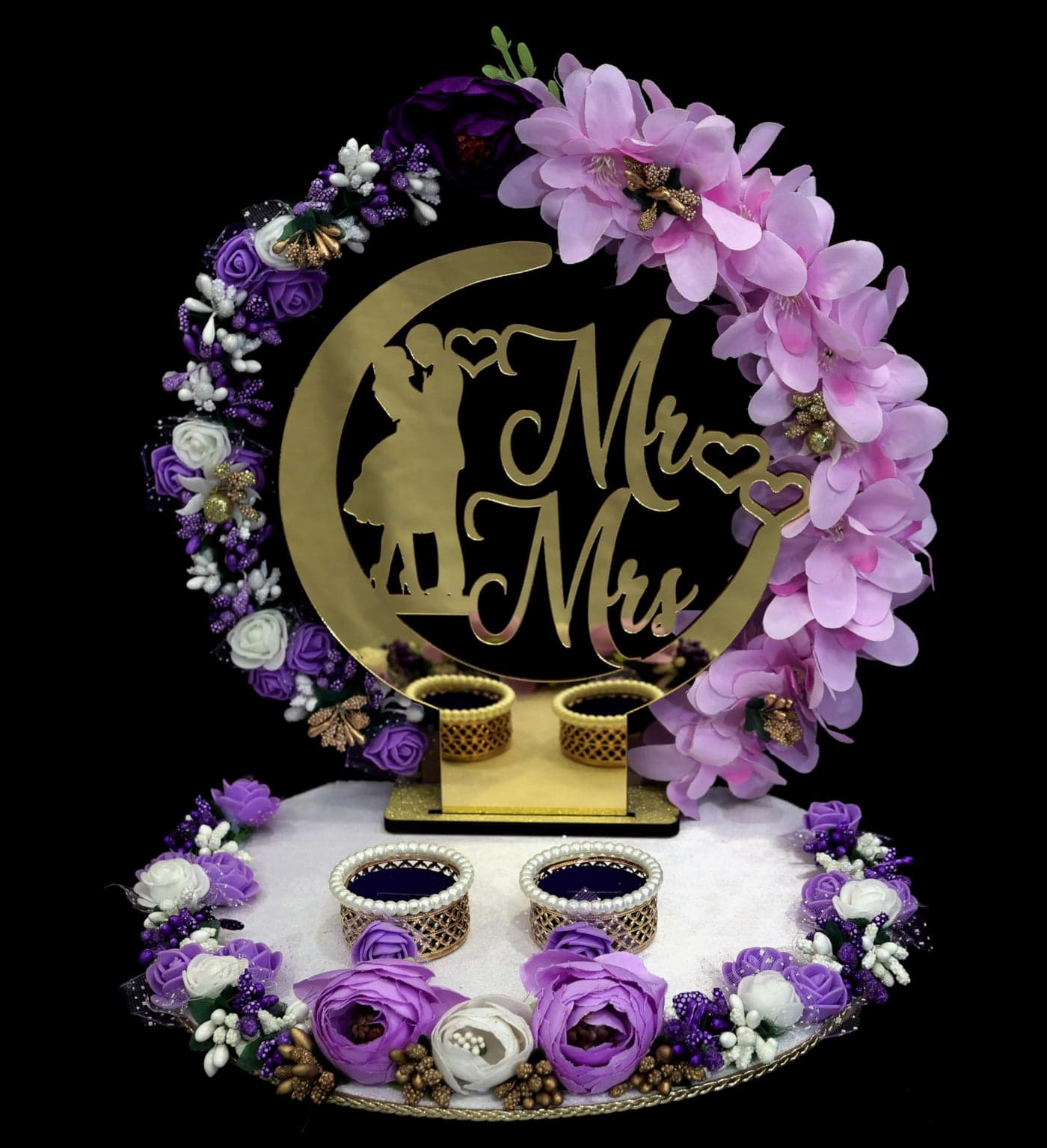 THE BRIDE MADE Wood Engagement Ring Platter | Round Acrylic Mr & Mrs Base (10x10x10 in) | Purple Theme with White Base, Artificial Flowers, Love Couple Figure & 2 Detachable Ring Boxes