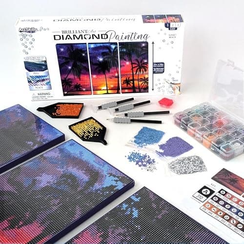 ArtSkills Diamond Painting Kit, Diamond Art on Framed Canvas with Gem Storage Case and Accessory Kit, Beach, 3 Stretched Canvas Panels, 14” x 7” Each
