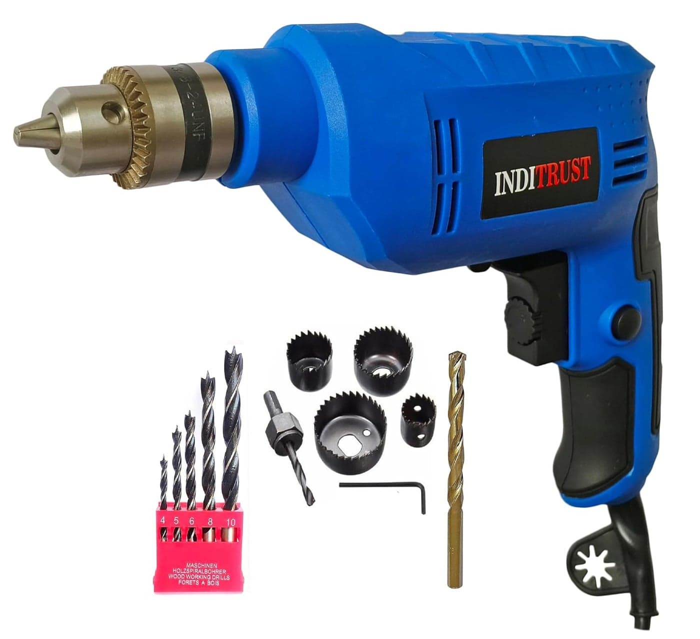 Inditrust 6Month Warranty Heavy Duty 500W Reversible Drill 22V Variable Speed Pack of 4 with 6pc Hole Saw 5pc Wood 1pc Masonry Bit Set