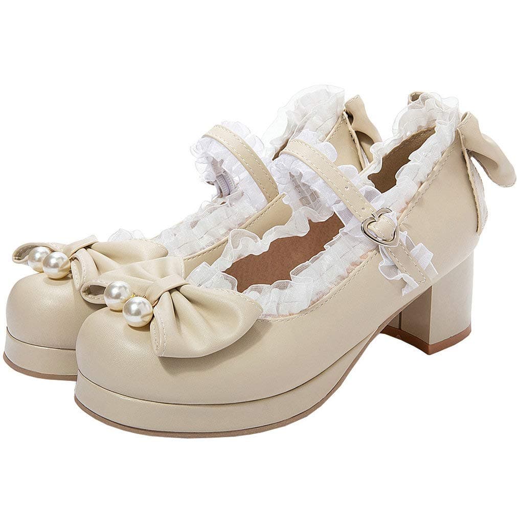 LUXMAX Womens Cute Mary Janes Platform Mid Block Heel Pumps with Pearl Shoes Kawaii Chunky Heel Pumps, Size 4 M US,Beige1