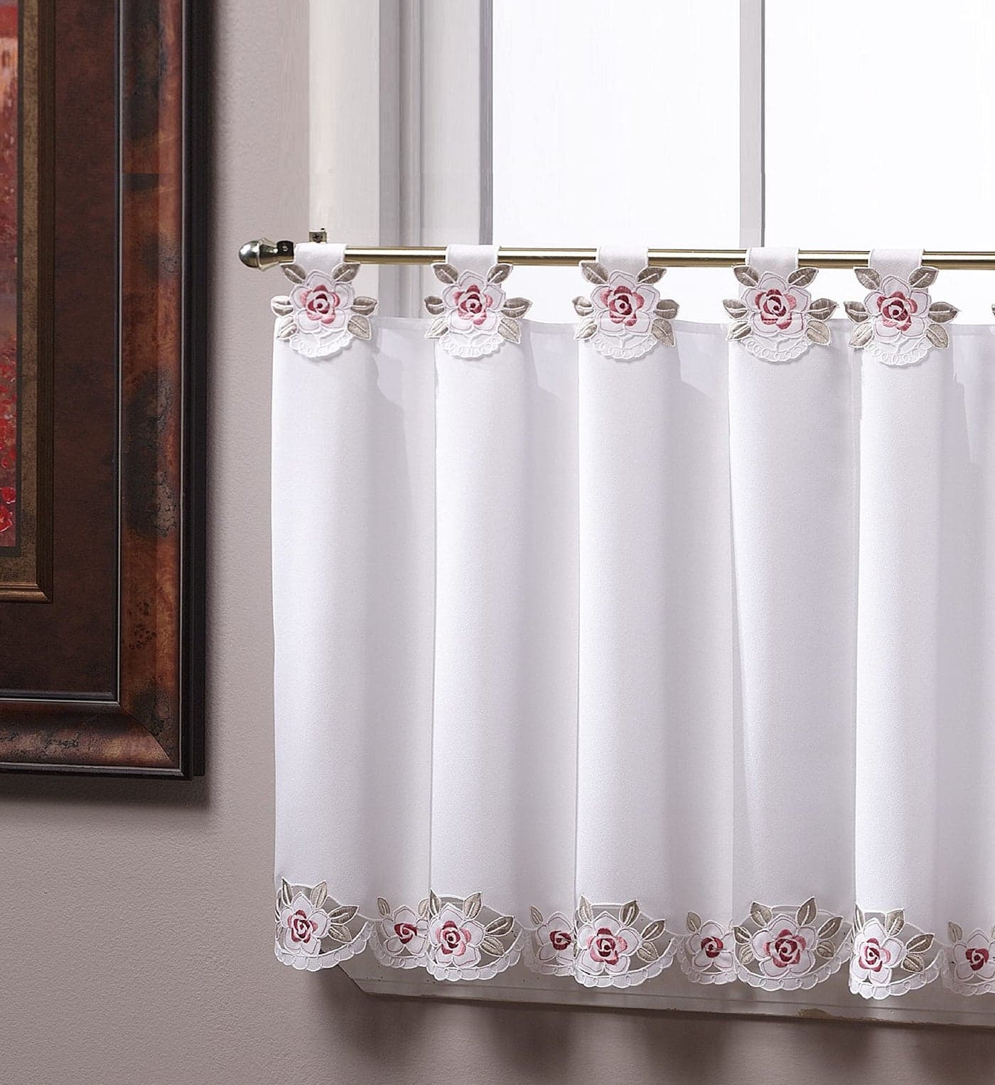 Today's Curtain Capri Reverse Embroidery Tab Top Tier 36", White/Rose, 60" W x 36" L