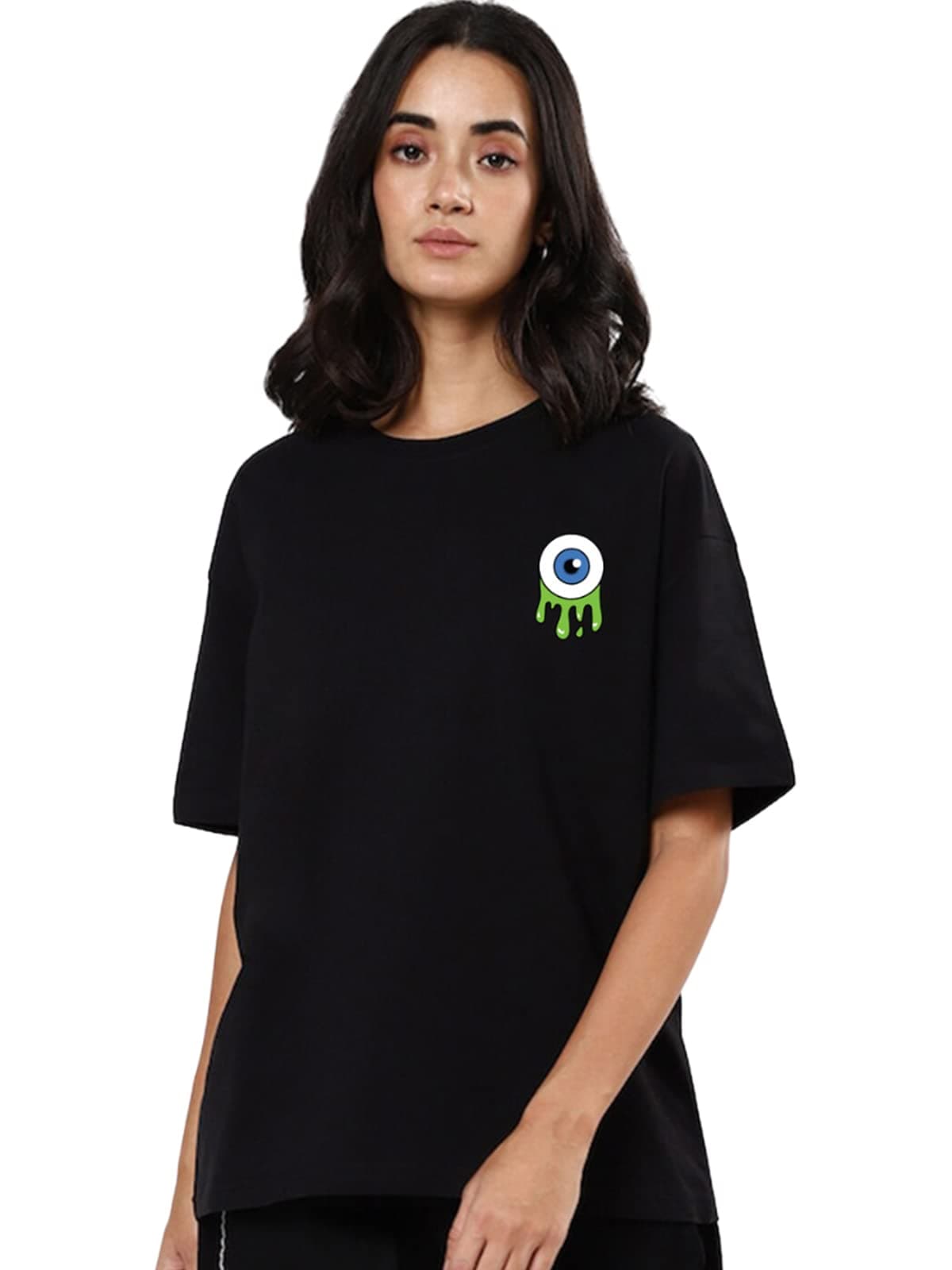 Veirdo Oversize Loose Baggy Fit Drop Shoulder Cool and Stylish Latest Pocket Print Eye Design Half Sleeve Black T-Shirt for Women (XL)