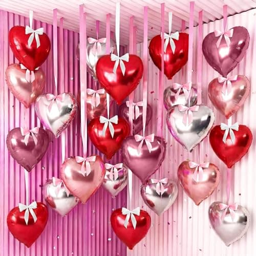30 Set Heart Shaped Foil Balloons Valentines Day Romantic Ceiling Hanging Ornaments 18 Inch 10 Inch Love Mylar Balloons with Satin Ribbons for Wedding Bridal Shower Anniversary Party Supplies