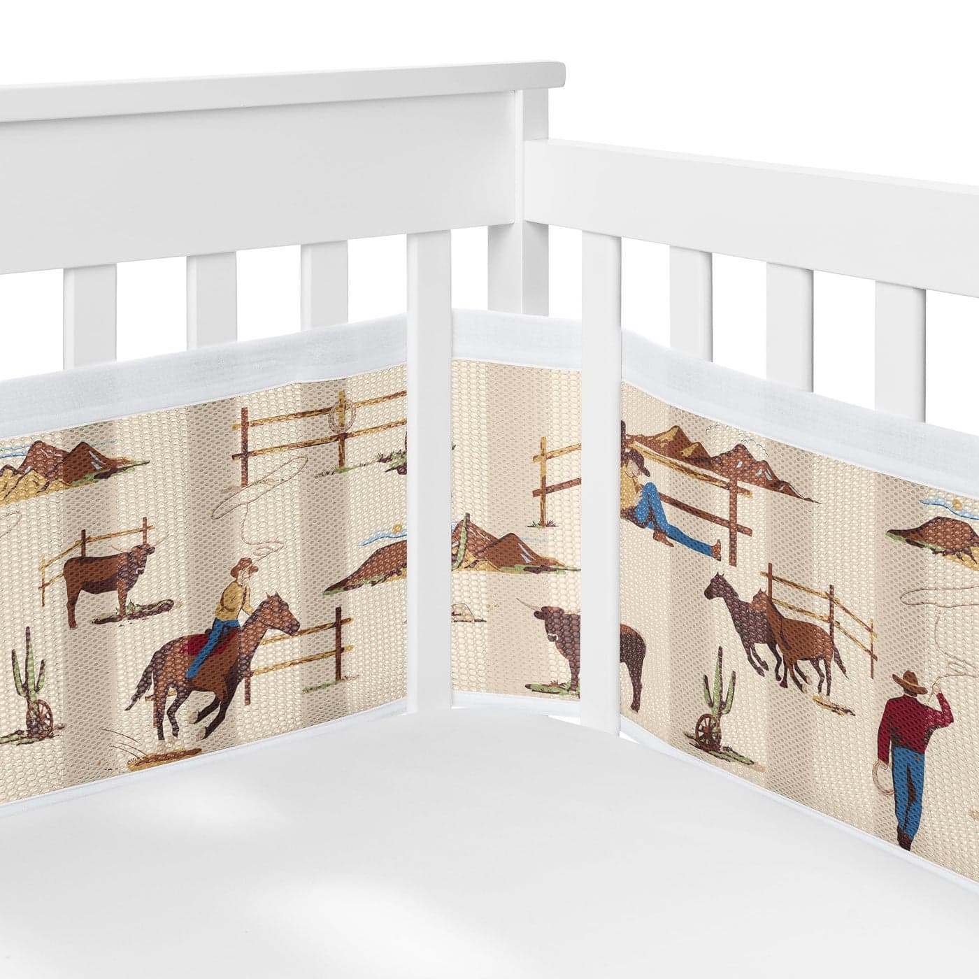 Sweet Jojo Designs BreathableBaby Tan Brown Western Cowboy Boy Girl Gender Neutral Breathable Mesh Crib Liner Baby Infant Wild West Southern Horse Cow Animal Desert Brown Red White Blue
