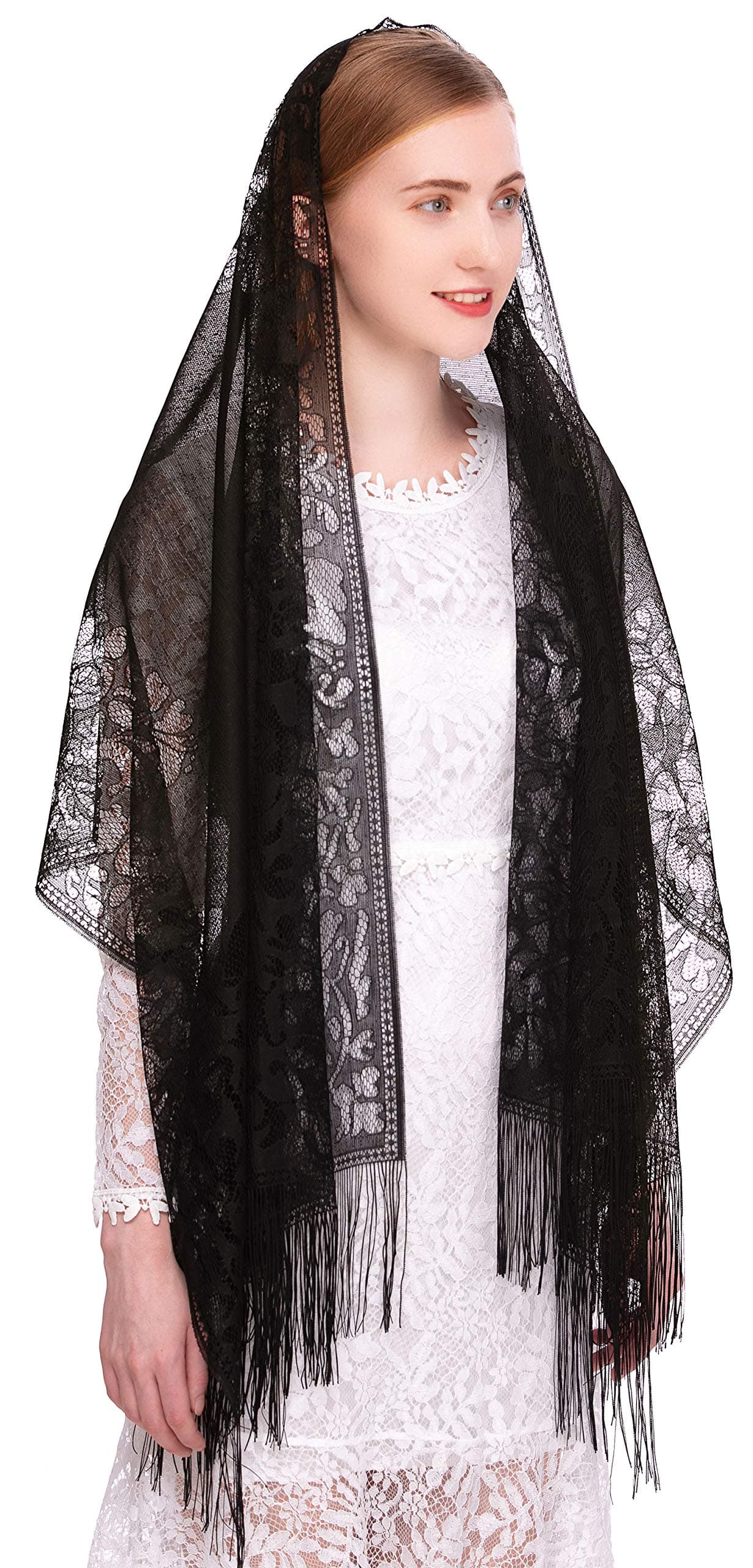 PAMOR Chapel Veil Scarf Mantilla Veils Rectangular Wrap Shawl Mass Head Covering with Fringe Trim (Black)