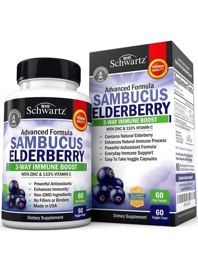 Elderberry with Zinc and Vitamin C for Adults - Immune Support Vitamins for Women and Men Natural Elderberries Black Sambucus Capsules - Immune Defense Multiminerals Supplement, Gluten-Free, 60 Ct