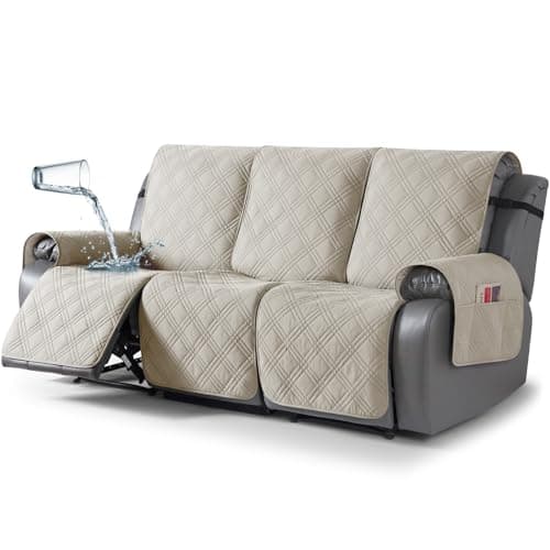 TAOCOCO 100% Waterproof Recliner Sofa Covers 3 Seater Split Couch Covers for 3 Cushion Reclining Couch with Straps, Non Slip Reclining Couch Covers Furniture Protector for Kids Pets(3 Seater, Cream)