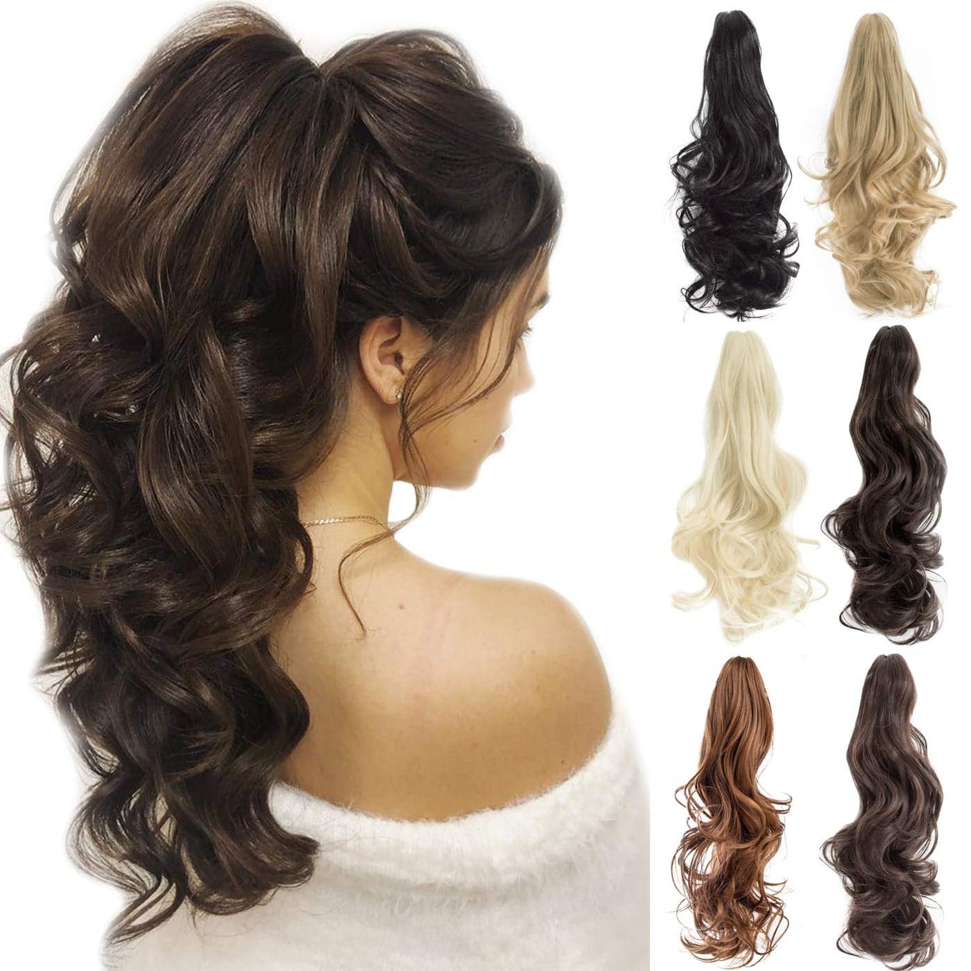 FELENDY Ponytail Extension Claw 18 20 Curly Wavy Straight Clip in Hairpiece One Piece A Jaw Long Pony Tails for Women Grey Silver