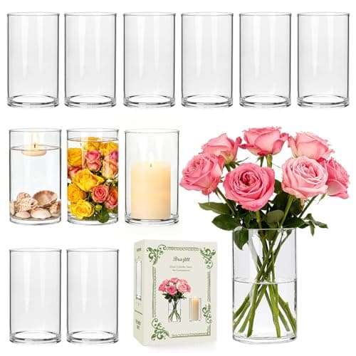 12pcs Thick Glass Cylinder Vase 6 Inch – Clear Glass Flower Vase & Floating Candle Holders for Centerpieces,Cylinder Vases Bulk Weighted Base for Wedding, Home & Dining Table Décor Gift