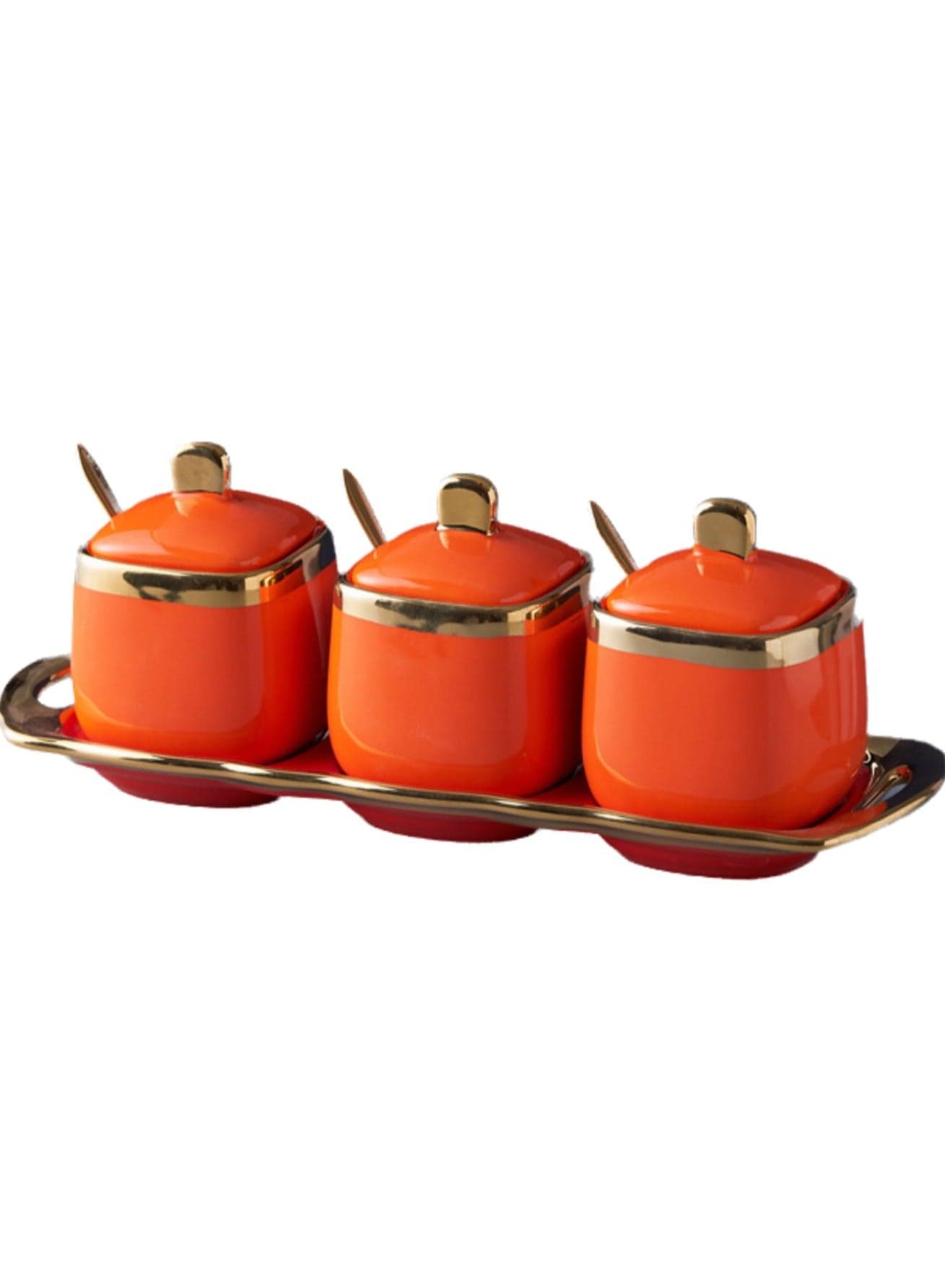 Light Luxury Golden Frame Ceramic Spice Jar Kitchen Supplies Spice Jar set Household Spice Box Three-piece Set(Orange)