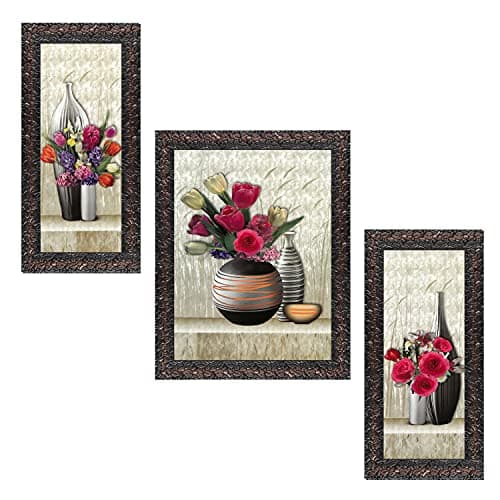 Indianara Set of 3 Beautiful Flowers in the Pot Framed Art Painting (1056GBN) without glass 6 X 13, 10.2 X 13, 6 X 13 INCH