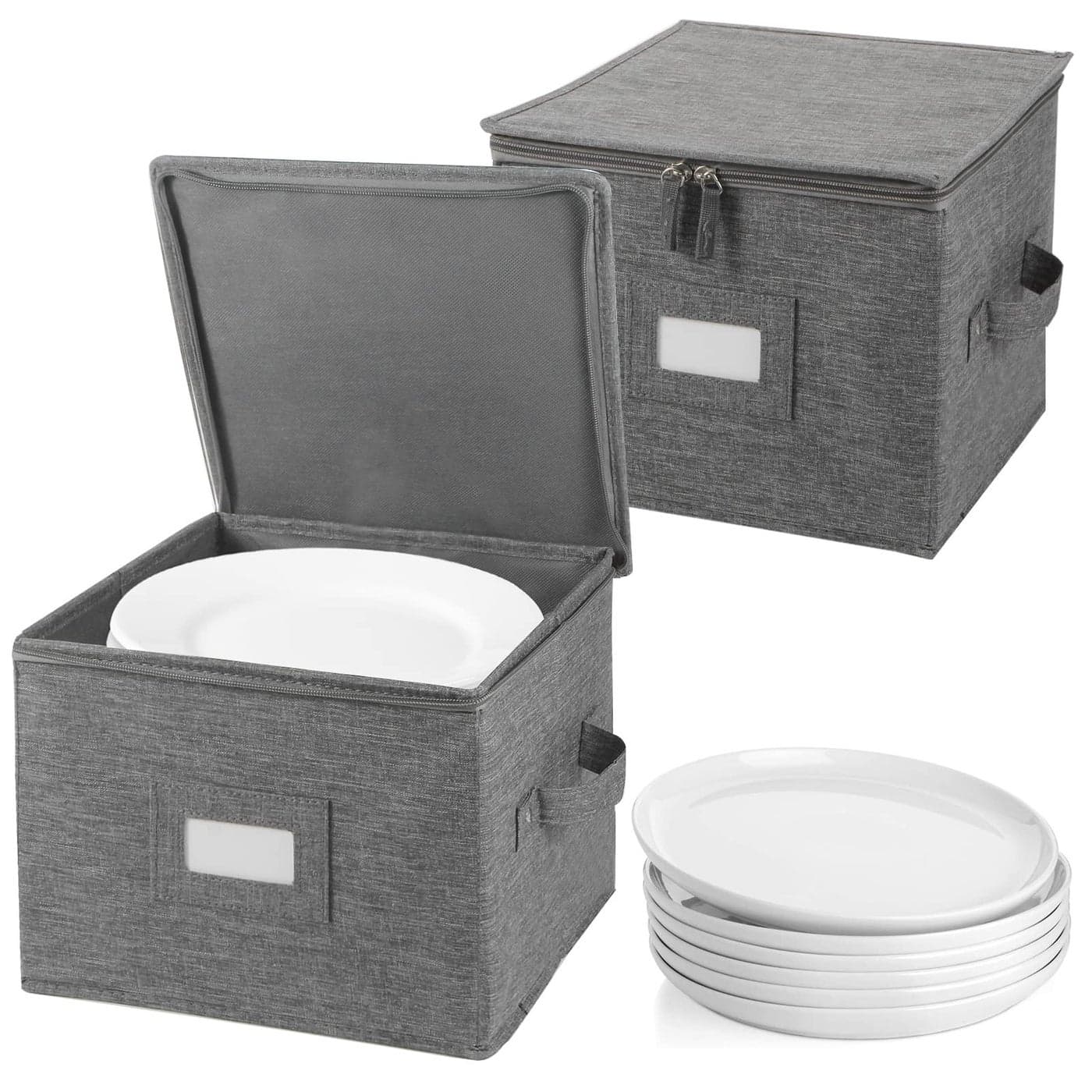 popoly China Storage Containers Hard Shell Inside 10 W x 8 H Salad Plate Storage Containers for Dishes Dinnerware with 24 Felt Dividers Hold 24 Plates Foldable and Stackable 2 Pack Grey
