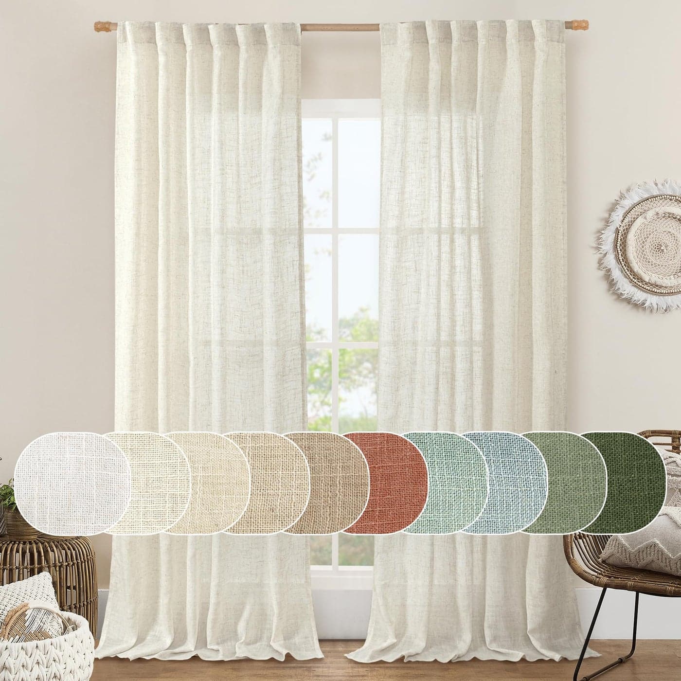 LAMIT Cream Ivory Linen Curtains 95 Inches Long 2 Panels Set for Bedroom Back Tab and Rod Pocket Linen Textured Natural Curtains Light Filtering Boho Drapes for Living RoomDining Room 52 x 95 Inch
