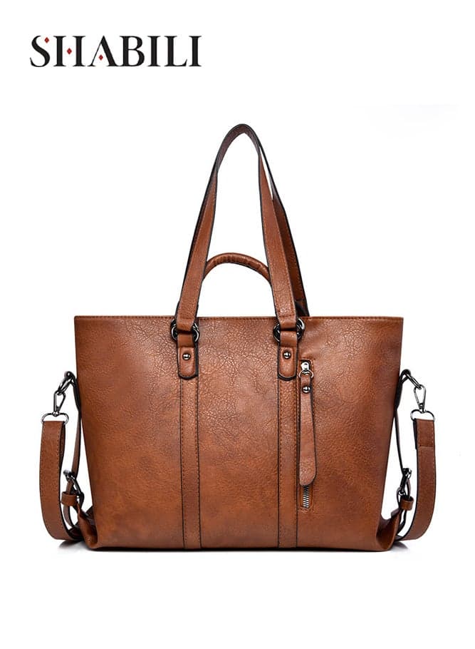 Women's PU Handbag With Detachable Strap, Ladies Large Capacity Shoulder Bag Crossbody Bag Tote Bags Satchel Bag Messenger Bag, Multi-Pocket Zipper Carry Bag for Daily Work Travel Shopping (Brown)