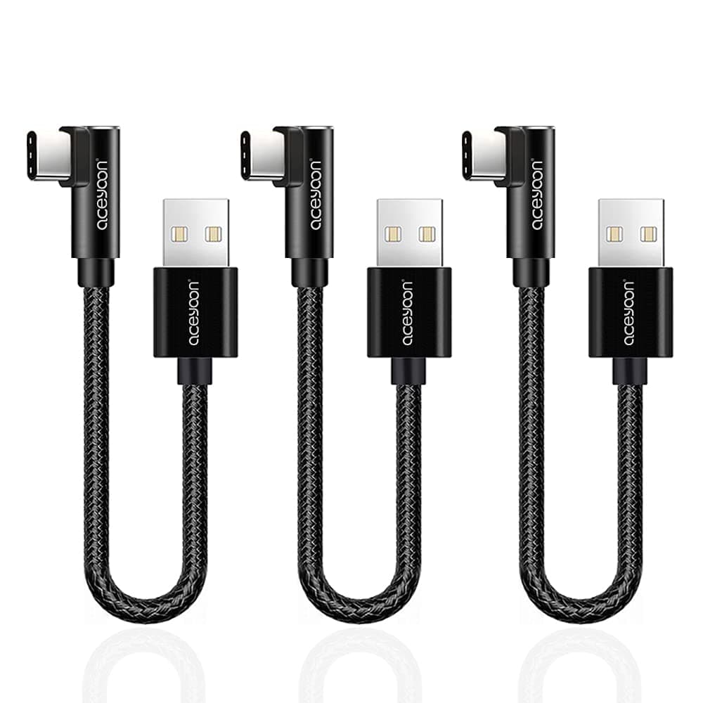 aceyoon 3 Pack 90 Degree USB C Cable, 0.6ft Short Right Angle Type C Charger Braided USBC to USB A 20cm Charging and Data Sync Cord Compatible for S10 S9 S8, P40 P30 P20, Mate 30/20, Pixel
