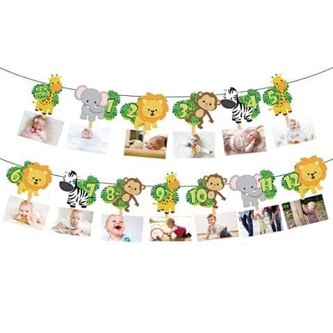 Festiko® Jungle 1st Birthday Photo Banner/Newborn to 12 Month Display Milestone Safari Animals Theme First Year Baby Banner Jungle Party Photo Booth Props Cake Smash Party Decorations Supplies