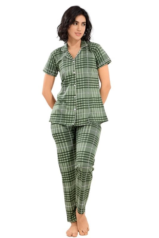 GLAMORAS Cotton Printed Night Suit Set of Shirt & Pyjama for Women | Collar Neck, Half Sleeve & Relaxed Fit Pyjama Set | Stylish Night Wear Dress for Women | Size: M Green-003