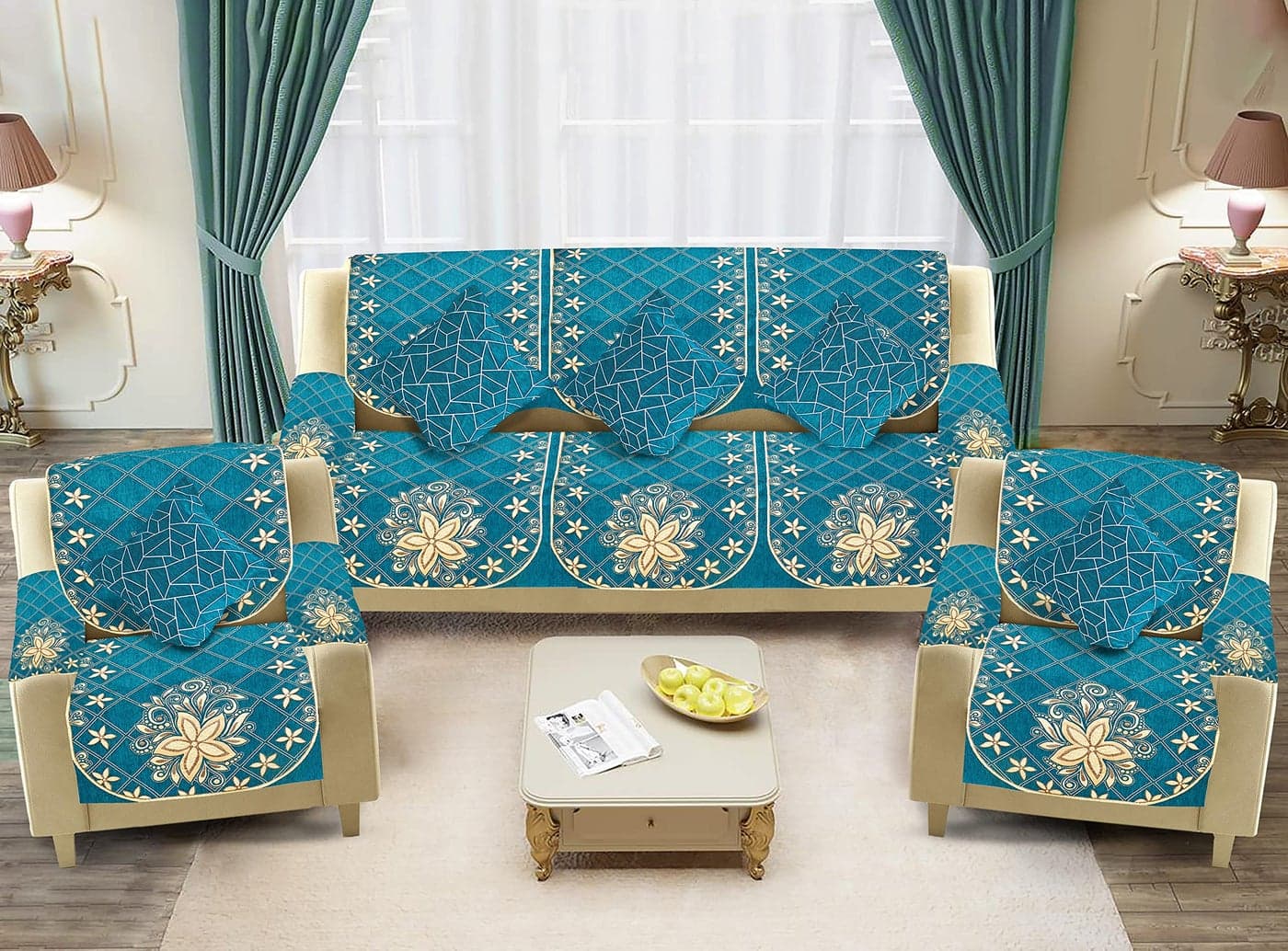 Dazzling DECOR Velvet Sofa Cover with Arm Cover and Cushion Covers Set of 5Seater - Sofa Covers 3Seater and 2Seater Full Cover Set for Couch Seat -Sofa Slip Protector 1152-02_Aqua