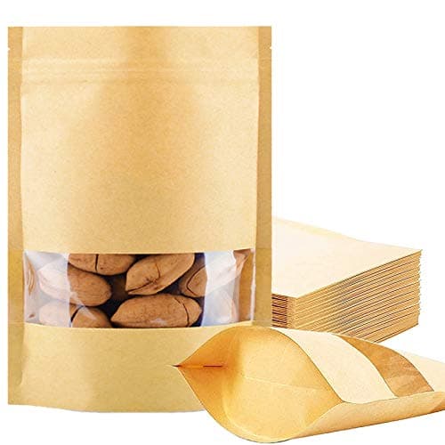 100 Pcs Resealable Stand Up kraft Paper Bags with Window for Packaging Products, Reusable Zip Lock Food Storage Pouch Bags (3.5" x 5.5")