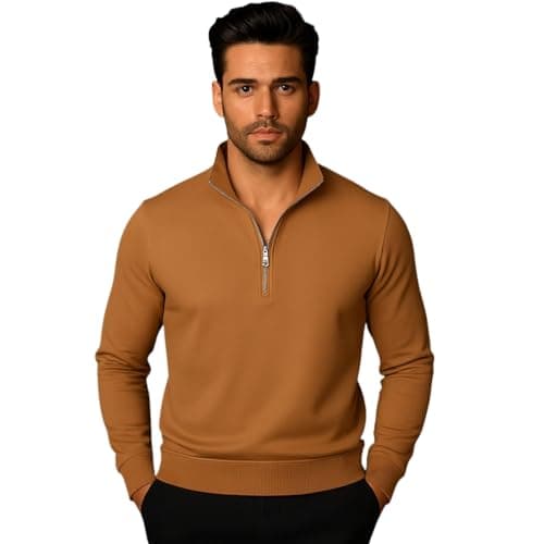 Mack Jonney Men’s Fleece Half-Zip Beige Color High Neck Sweatshirt | Warm & Stylish Winter Wear -M4383
