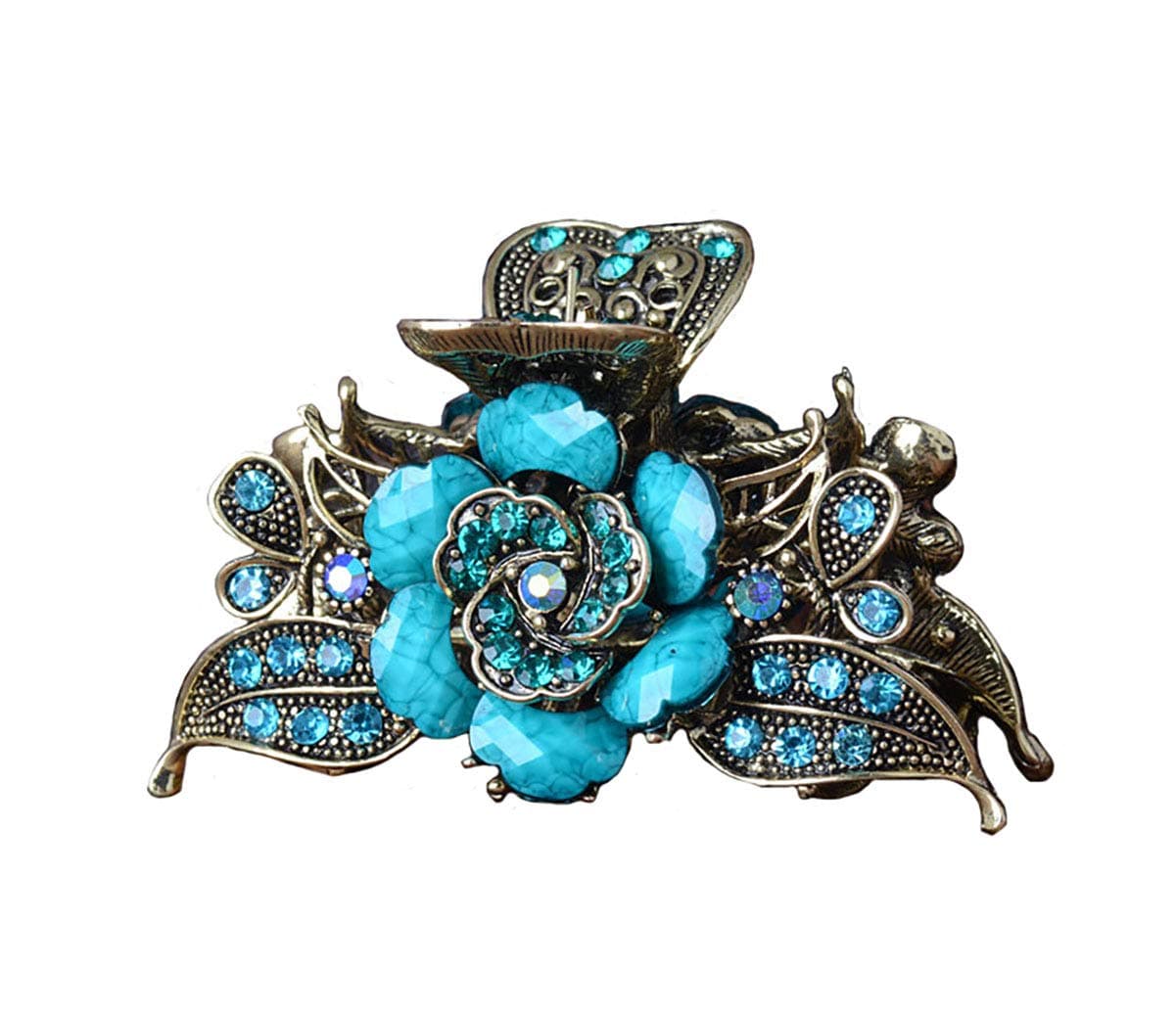 Fodattm Women Lady Retro Rose Flower Imitation Turquoise Hair Claw Clip Vintage Alloy Rhinestone NonSlip Hair Jaw Clips Hairpin Hair Clamp Blue
