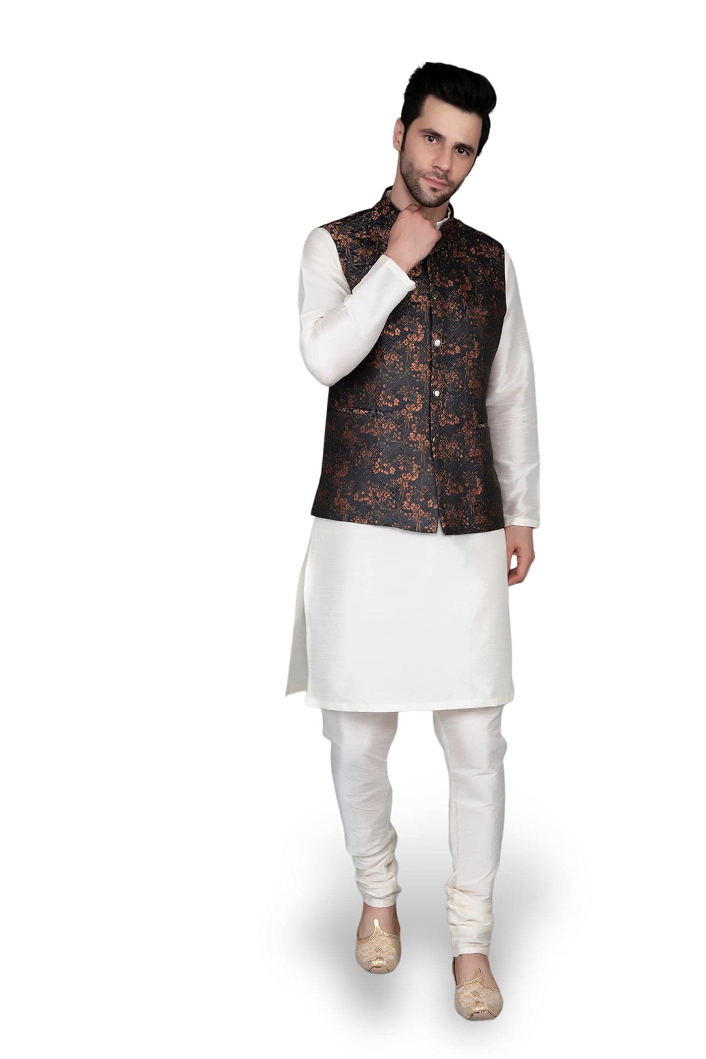 Ethluxis Men's Silk Blend Kurta Churidar Pyjama with Ethnic Bundi Jacket Set (40, Off-White/Rust)