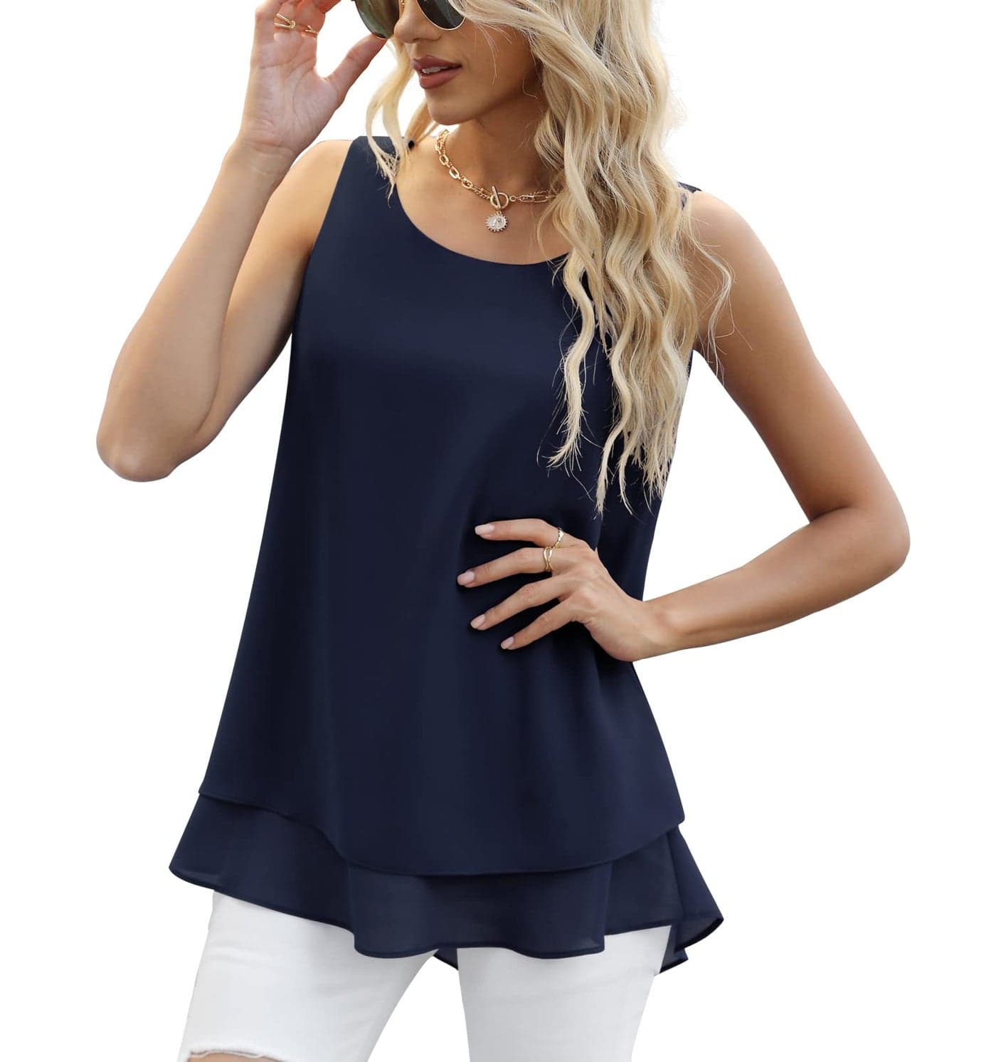 Jouica Summer Tank Tops for Women Casual Sleeveless Chiffon Blouses Top Loose Fit Layers Business Blouse,Navy Blue,XX-Large