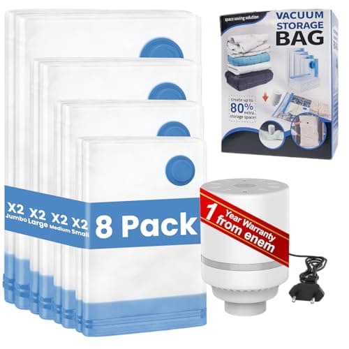 enem Vacuum Bags For Clothes With Pump | Pack of 8 (2 Jumbo, 2 Large, 2 Medium, 2 Small) | Travel Vacuum Bags For Clothes | Wardrobe Organizer For Storage | 1 Year Warranty from enem