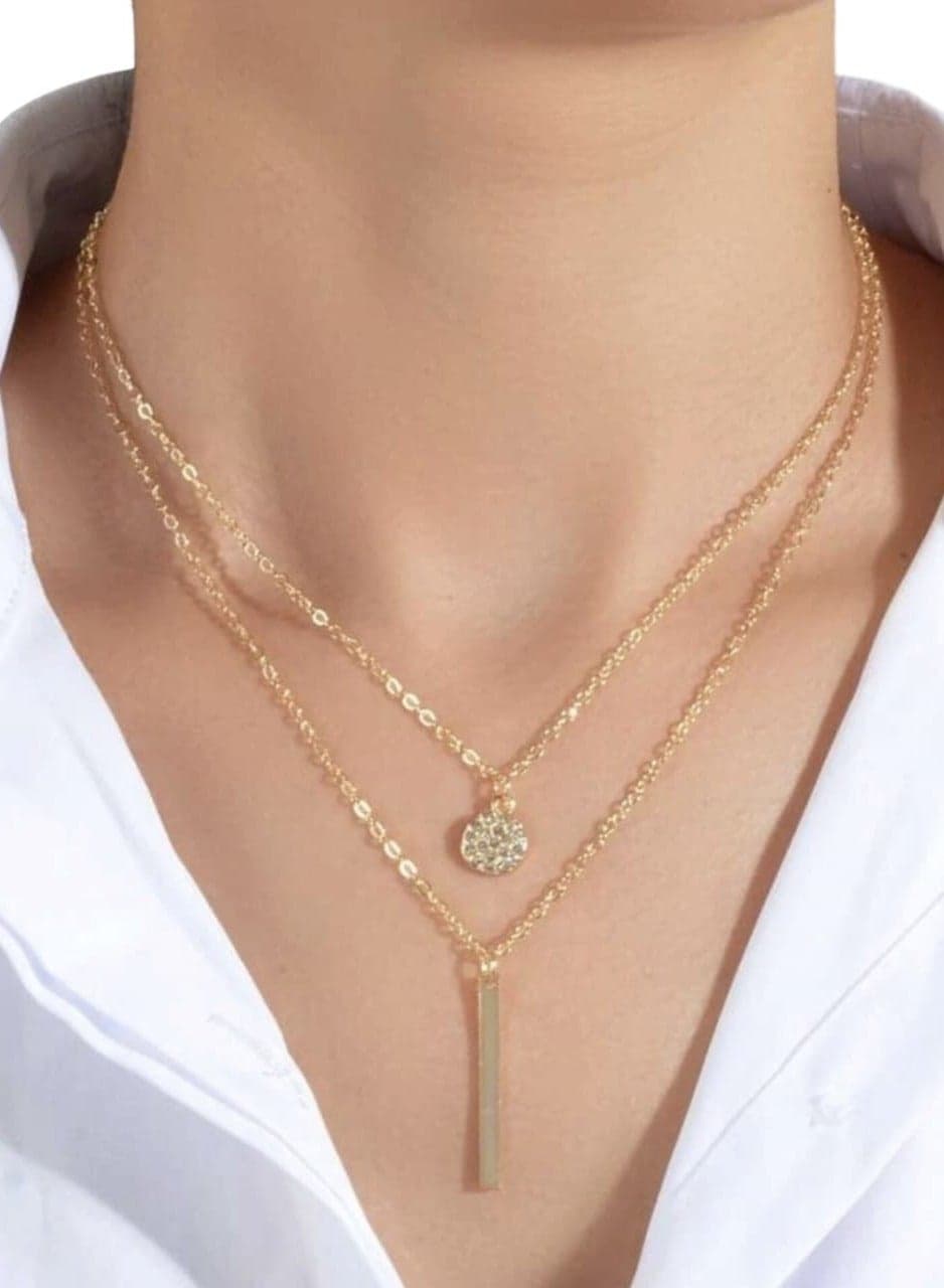Round Rhinestone Cylinder Disc Pendant Gold Layered Necklace Chain for Women Daily Party Fashion Jewelry
