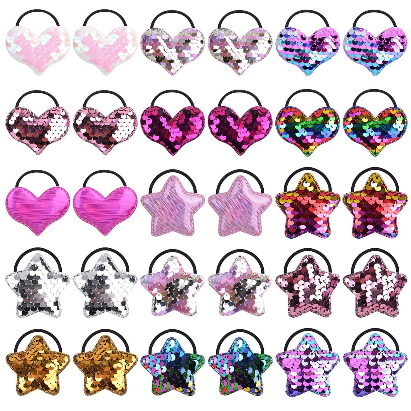 inSowni 30 Pack15 Pairs Glitter Sequin Heart Star Hair Ties Scrunchies Elastics Pigtail Ponytail Holders Hair Bows Rubber Bands Hair Ropes with Charms Accessories for Baby Girls Infants Toddlers Kids