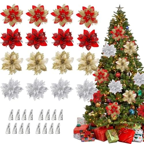 Christmas Tree Decoration Items, 16Pcs Christmas Artificial Flower with 16Pcs Clips, Poinsettia Flowers Artificial Christmas Decorations Items for Home Xmas Decorations Items Garland Wreath Making